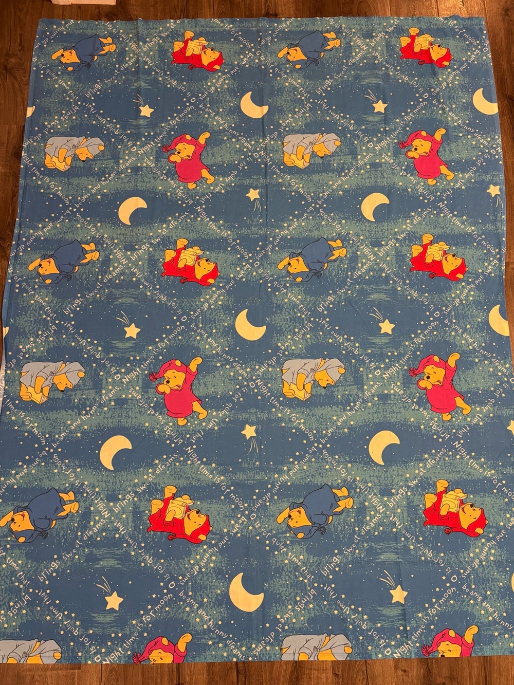 Winnie the Pooh Vintage Disney Blue Twin Flat Sheet Bedtime Nighttime Moon Stars